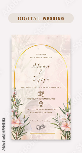 PSD digital wedding invitation with vintage watercolor flowers