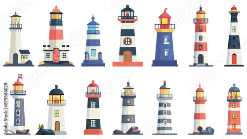 Lighthouse set. Nautical navigation building. Marine seaside light tower. Cartoon flat style. Isolated vector clipart collection