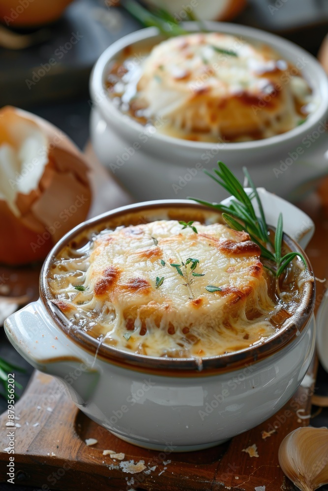 Delectable French Onion Soup in Ceramic Bowl Topped with Melted Cheese and Fresh Herbs Delectable French Onion Soup in Ceramic Bowl Topped with Melted Cheese and Fresh Herbs
