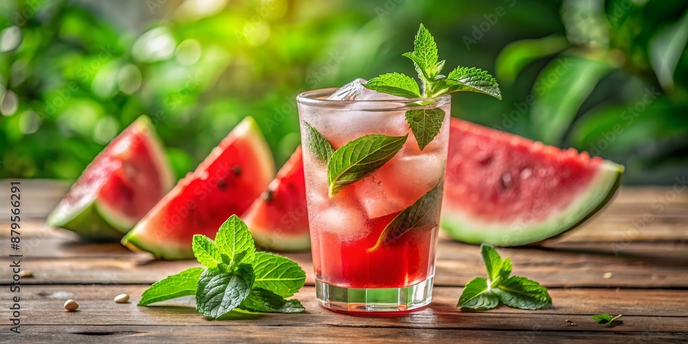 Refreshing Watermelon Mint Drink with Ice in a Glass on Wooden Table, watermelon , mint , summer drink , refreshing Refreshing Watermelon Mint Drink with Ice in a Glass on Wooden Table, watermelon , mint , summer drink , refreshing