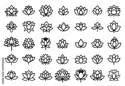 Lotus Flower icons set. Black outline stroke. Oriental flower. Spa and yoga salon decoration element. Isolated vector clipart collection