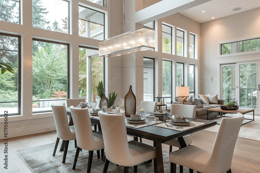 Fototapeta premium Modern Dining Room with Large Windows and Natural Light