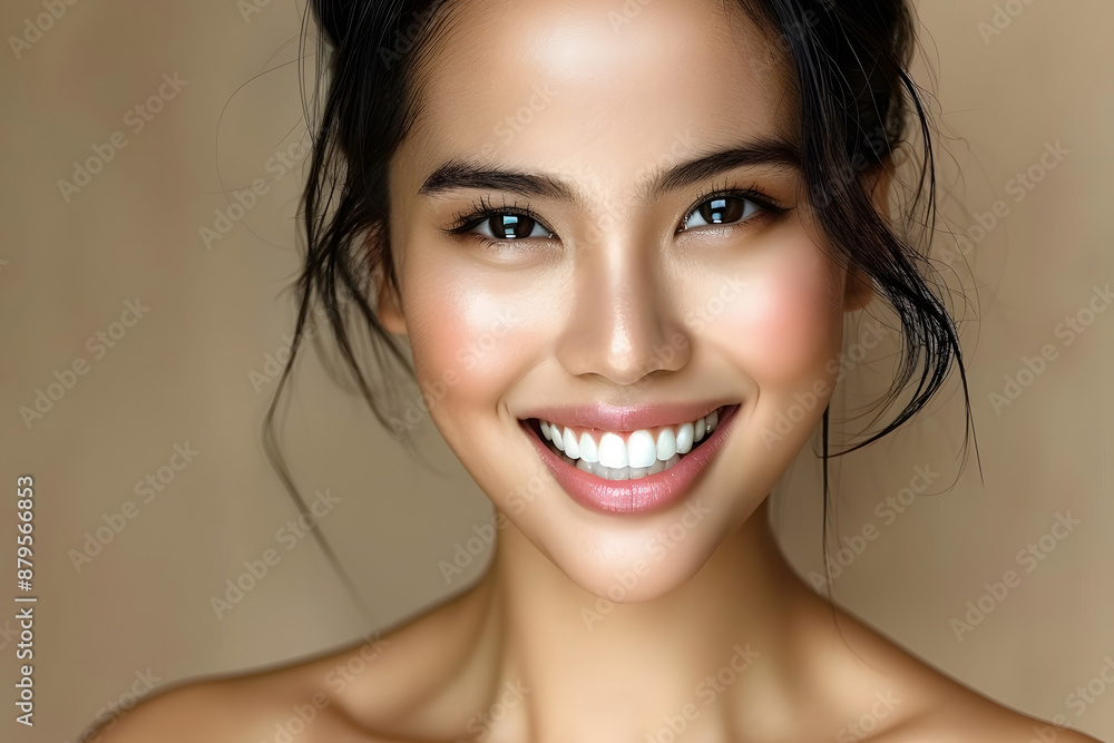 Close-up portrait of a young Asian woman smiling with a natural glow and subtle makeup, highlighting flawless skin and serene expression. Close-up portrait of a young Asian woman smiling with a natural glow and subtle makeup, highlighting flawless skin and serene expression.