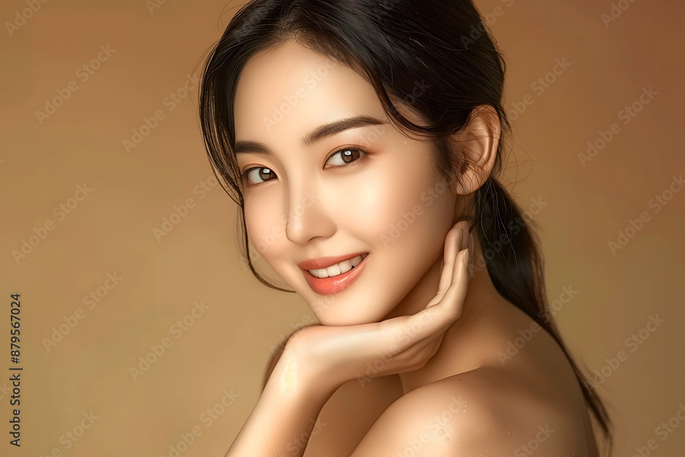 Portrait of a young Asian woman smiling with a natural beauty, light makeup, glowing skin, and elegant hairstyle, set against a beige background.
Portrait of a young Asian woman smiling with a natural beauty, light makeup, glowing skin, and elegant hairstyle, set against a beige background.