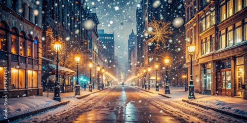 Snowy Street Scene with Illuminated Buildings and Street Lights, Night, Cityscape, Winter, Snow, Lights, Architecture, Urban