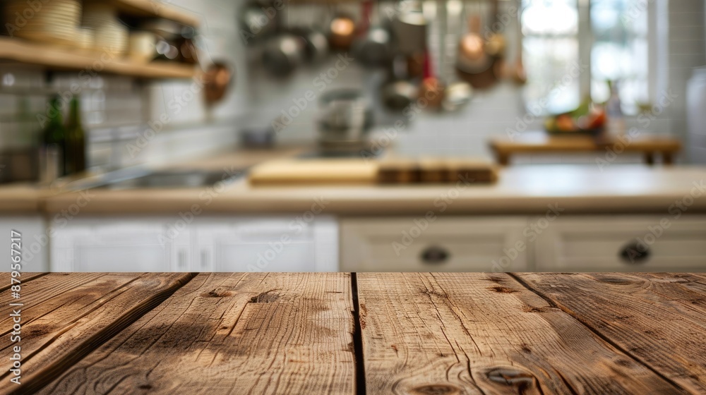 Empty wooden table with a blurred kitchen background, showcasing a rustic surface ready for culinary creations or food display Empty wooden table with a blurred kitchen background, showcasing a rustic surface ready for culinary creations or food display