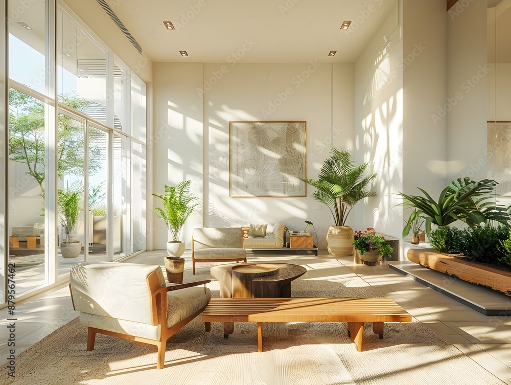 Fototapeta premium Bright and airy mid century inspired living room with plush velvet armchairs a natural wooden bench 