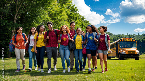 Exploring Nature: Students Enjoy a Happy Outdoor Field Trip with Classmates