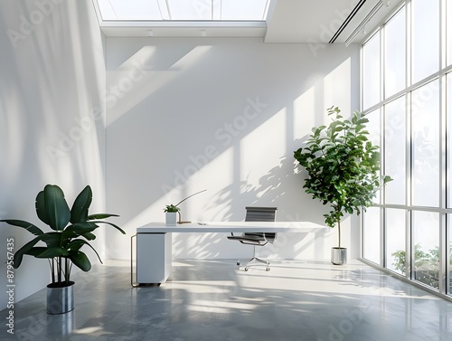 Airy contemporary home office with high ceilings and large skylights featuring white walls polished concrete floors a sleek desk and chair in brushed aluminum  photo