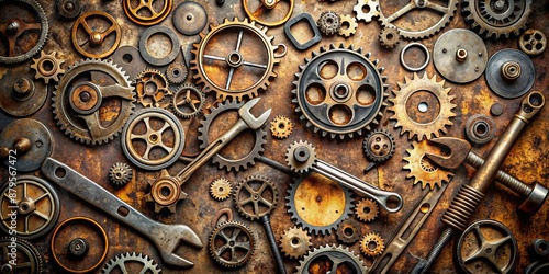 Steampunk Gear Composition Rusty Metal Gears, Wrenches, and Industrial Parts on a Grunge Background, steampunk , industrial , grunge , gears