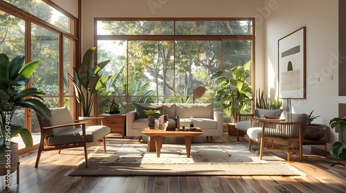 Bright and Airy Mid Century Modern Living Room with Clean Lined Furniture Wooden Accents and Lush Botanical Decor in a Soft Neutral Color Palette