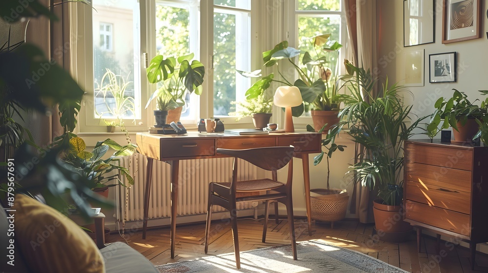 Fototapeta premium Cozy and inviting home office with a stylish mid century modern desk warm wooden accents and lush potted plants 