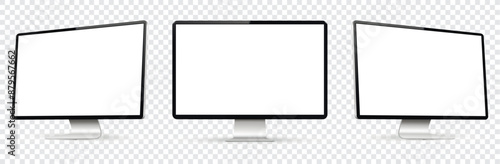 Three monitor with empty display, realistic set device screen mockup isolated on transparent background