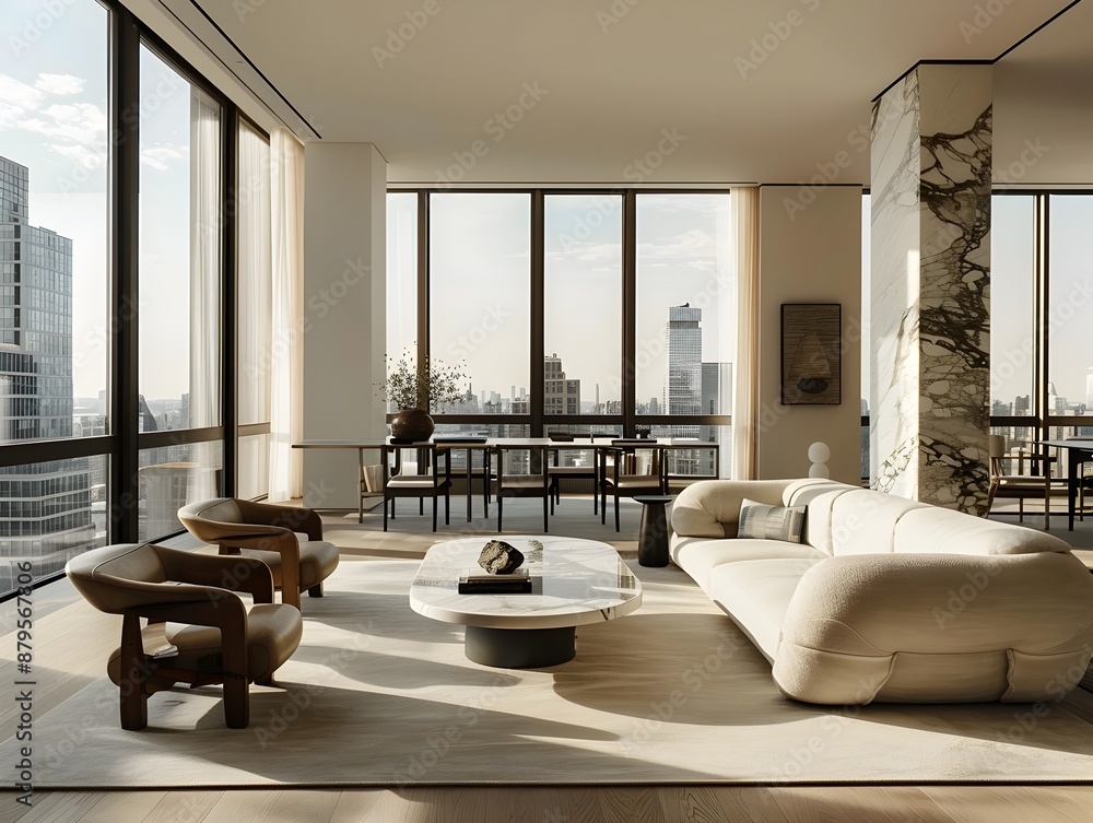 Fototapeta premium Elegant pared down living room featuring a streamlined sofa and armchairs a marble top console table and floor to ceiling windows that let in ample natural light creating a peaceful 