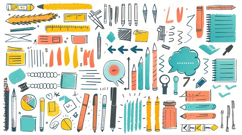 A collection of various colorful stationery items such as pens, pencils, markers, rulers, and notebooks scattered on a white background, ideal for creative work. A collection of various colorful stationery items such as pens, pencils, markers, rulers, and notebooks scattered on a white background, ideal for creative work.