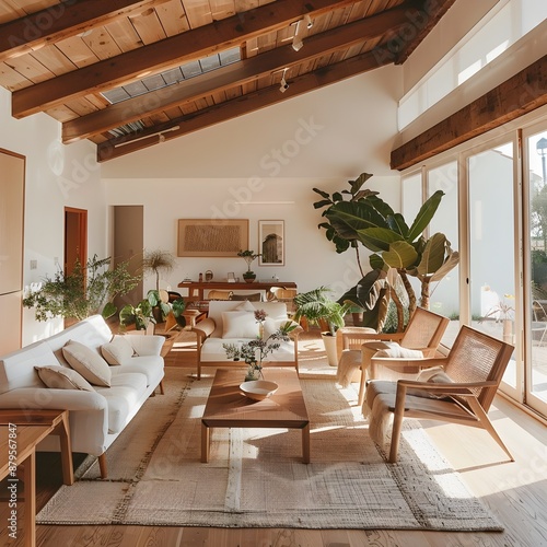 Inviting and airy mid century modern living room interior with clean lined sofa and armchairs wooden accents botanical decor and a soft neutral color palette 