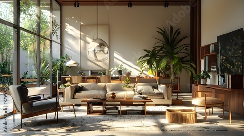 Inviting and sun drenched mid century modern living room featuring a clean lined sofa and armchairs wooden accents and lush botanical decor in a soft 