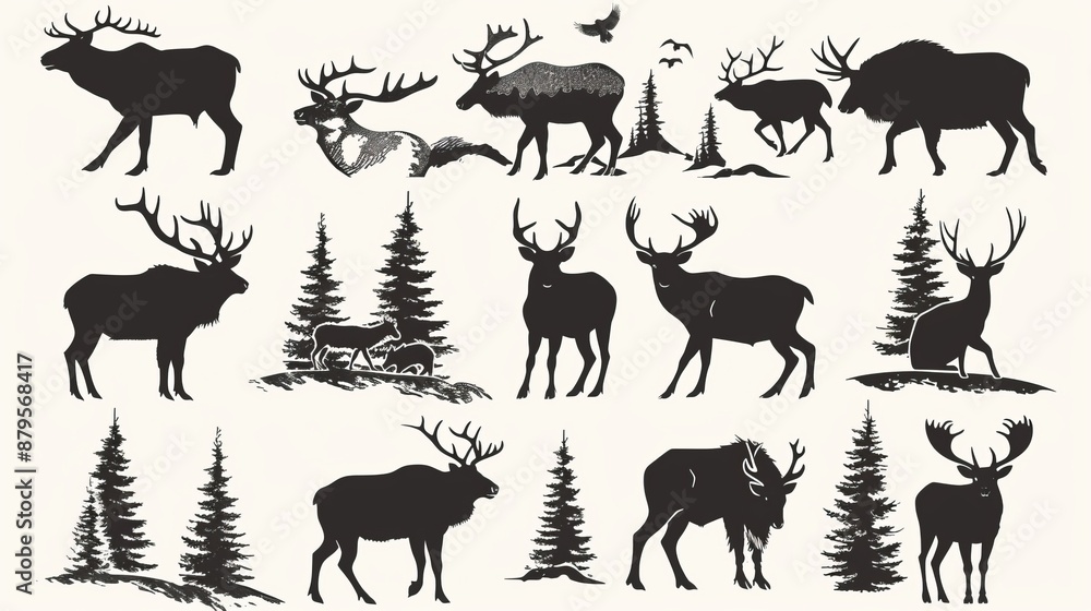 Obraz premium Black and white silhouettes of various wildlife animals, including deer, moose, and birds, are depicted in a natural setting with trees and a rustic feel.