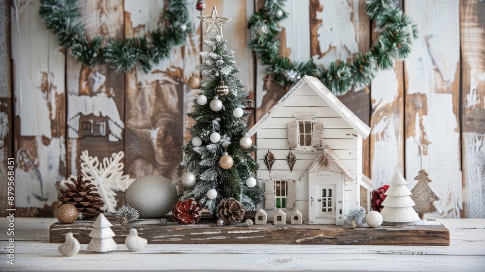 Fototapeta premium Christmas scene featuring white wooden house tree and decorations on rustic wooden backdrop Festive holiday card