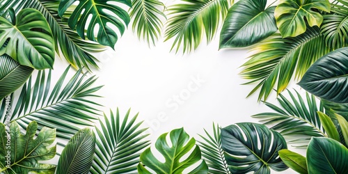 Tropical Green Leaves Frame, Palm Leaf, Monstera, White Background, Green, Frame, Nature, Summer, Tropical, Jungle