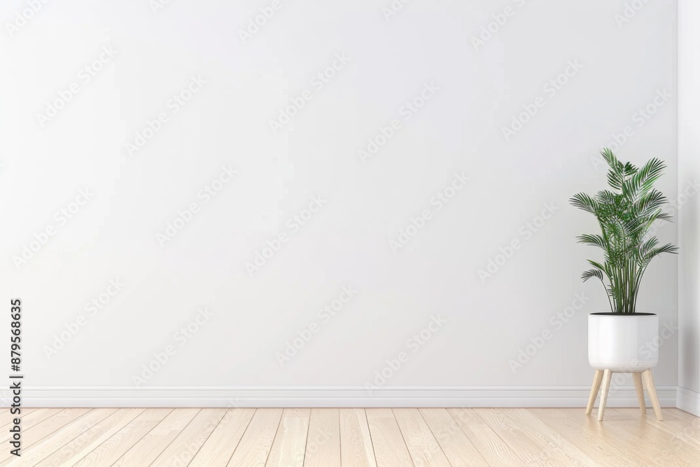 Minimalist Modern Room with White Wall and Potted Plant on Wooden Floor Minimalist Modern Room with White Wall and Potted Plant on Wooden Floor