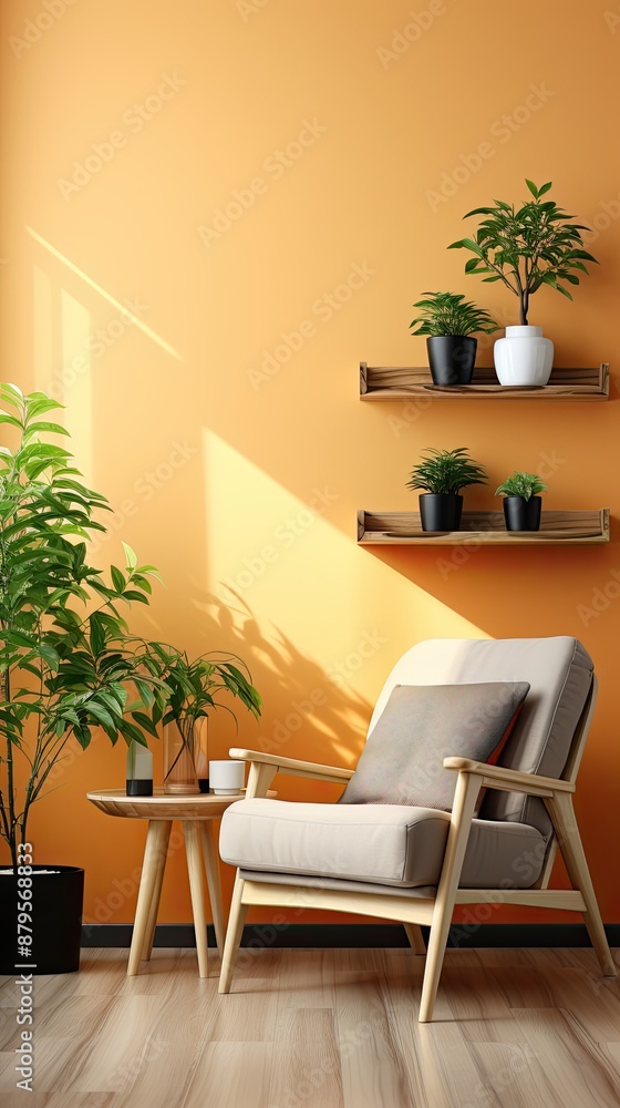 a painting of a living room with a yellow wall and a chair with a yellow wall. a painting of a living room with a yellow wall and a chair with a yellow wall.