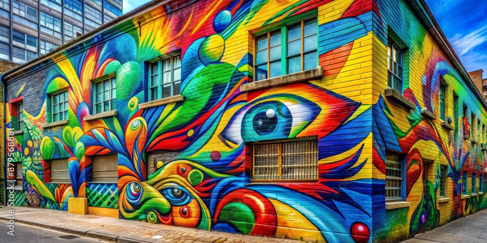 Obraz premium Urban Wall Mural with Windows, Eye Design, Abstract, Colorful, Graffiti, Street Art, Art, Wall Painting , Street Art , Mural