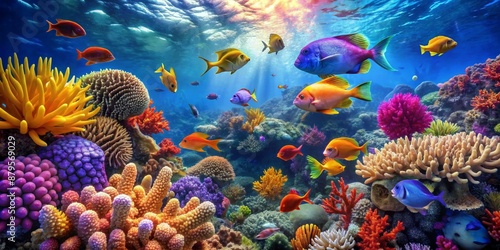 Vibrant Underwater Paradise A Digital Illustration Featuring Colorful Corals and Fish, underwater , coral reef , marine life , ocean life