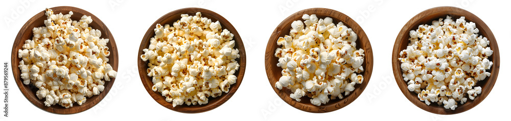 Popcorn in a wooden bowl isolated, top view, PNG set Popcorn in a wooden bowl isolated, top view, PNG set