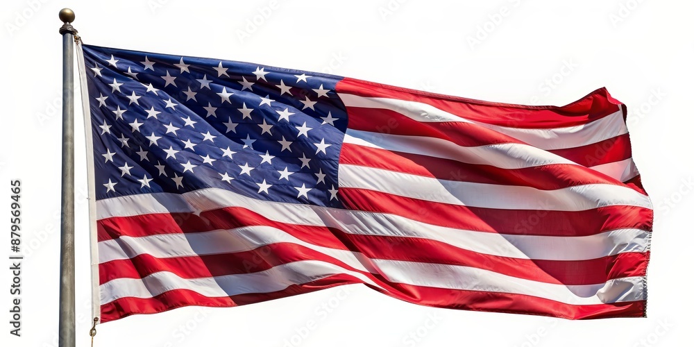 Fototapeta premium Waving American Flag in the Wind, isolated on white background, Flag Pole, Red, White, and Blue, America, USA, National Symbol, Patriotic, 4th of July, Independence Day , 