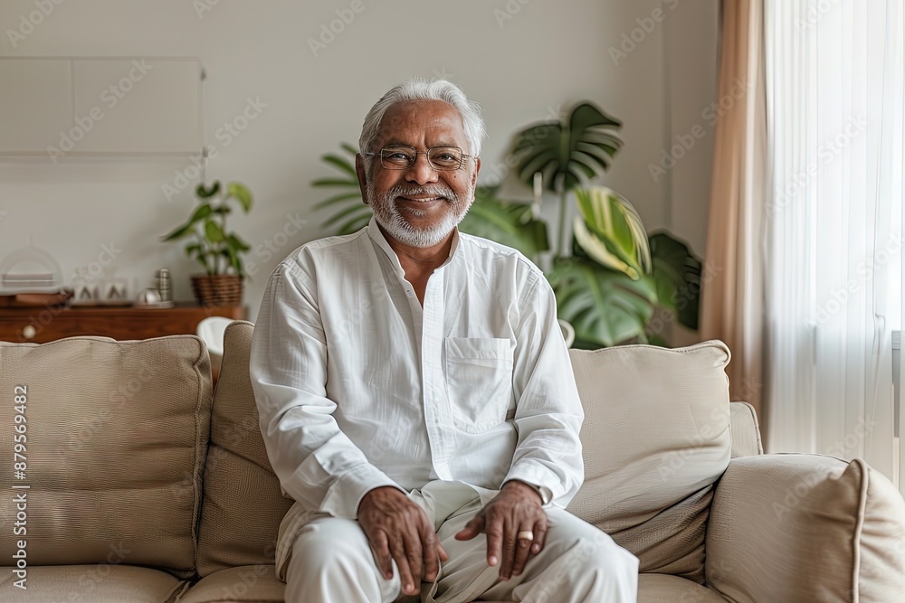 In a modern living room, an elderly Indian man with grey hair, in a white shirt, smiles and looks to the side In a modern living room, an elderly Indian man with grey hair, in a white shirt, smiles and looks to the side