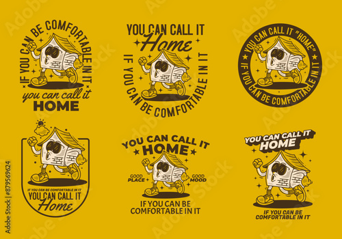Walking house mascot character in vintage retro style