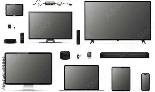 Modern realistic isolated tv screen, computer, laptop, tablet, phone and other digital devices
