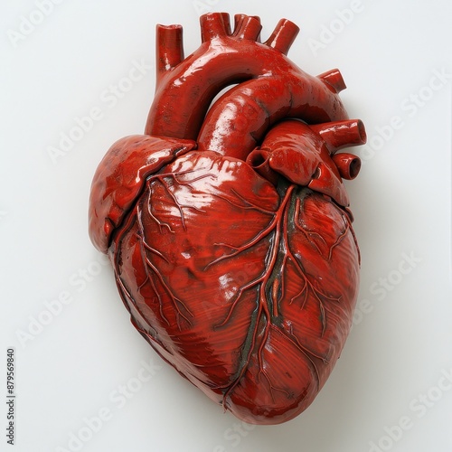 Realistic human heart model in red. Anatomical detail against white background to showcase cardiovascular structure. photo