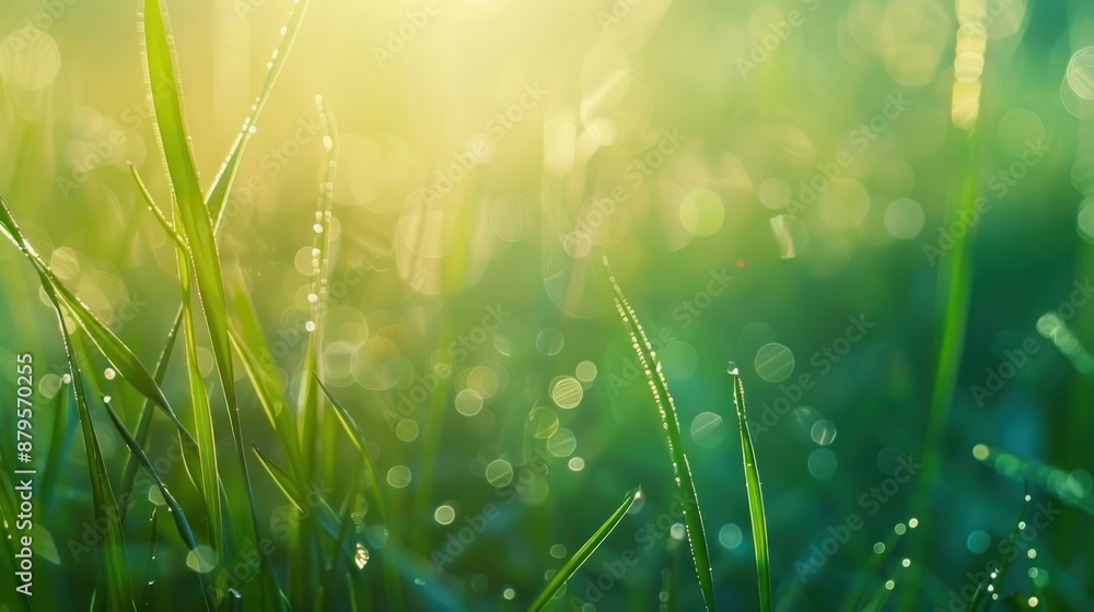 Fototapeta premium Dewdrops on Grass Blades in Morning Sunlight