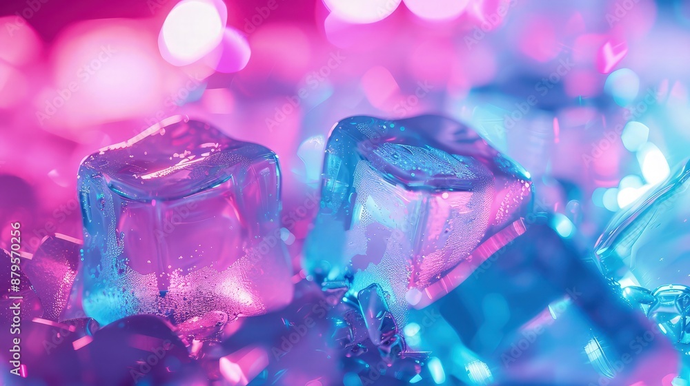 A vibrant background featuring translucent ice cubes under neon pink and blue lights, creating a cool, club-like atmosphere perfect for modern drink advertisements. A vibrant background featuring translucent ice cubes under neon pink and blue lights, creating a cool, club-like atmosphere perfect for modern drink advertisements.
