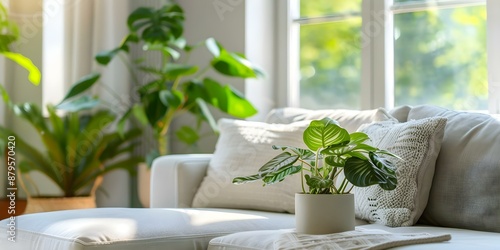 Living room with biophilic design natural light large windows plants ecofriendly. Concept Biophilic Design, Natural Light, Large Windows, Indoor Plants, Eco-Friendly photo