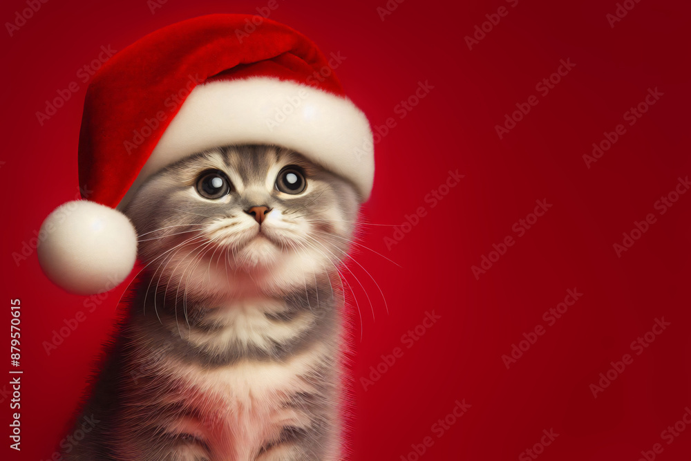 Cute cat Santa cap merry Christmas sitting copy space red background Cute cat Santa cap merry Christmas sitting copy space red background