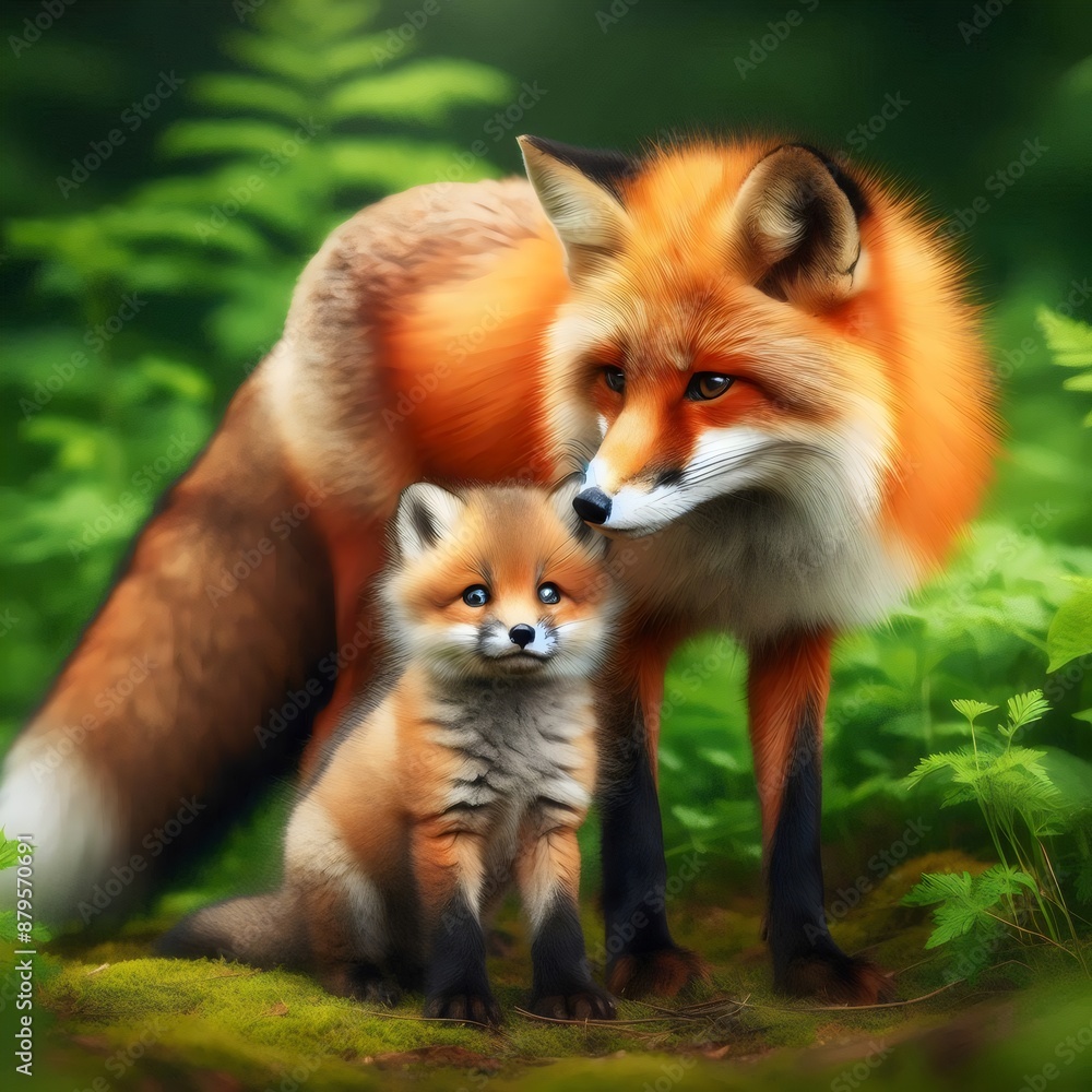Fototapeta premium red fox with fox cub