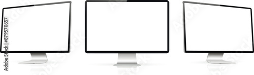 Three monitor with empty display, realistic set device screen mockup