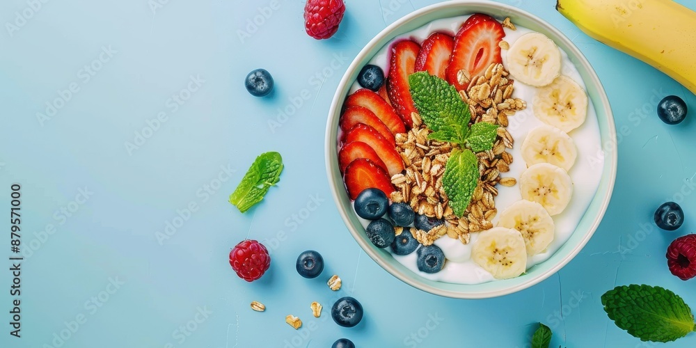 Energizing Breakfast Bowl with Yogurt, Granola, and Fresh Fruits on Simple Background for Copy Space Energizing Breakfast Bowl with Yogurt, Granola, and Fresh Fruits on Simple Background for Copy Space