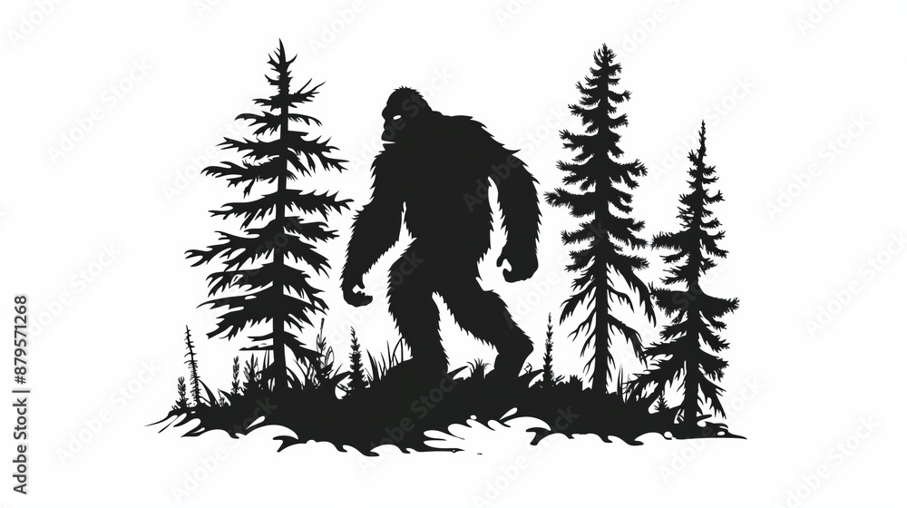 Fototapeta premium A silhouette of a mythical woodland creature stands against a backdrop of trees in a dense forest, evoking a mysterious and enchanting atmosphere in a more artistic portrayal.