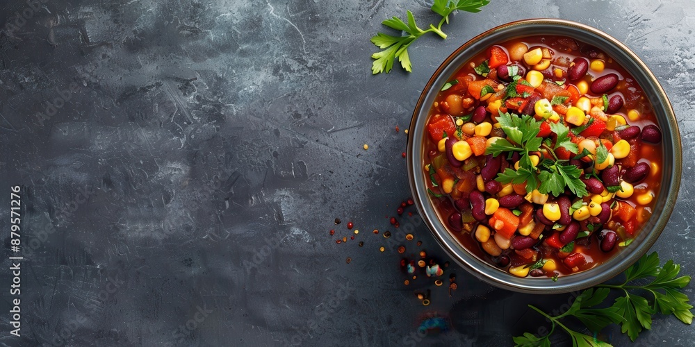 Savory Vegetable Chili Bowl on Plain Background with Copy Space for Text Savory Vegetable Chili Bowl on Plain Background with Copy Space for Text