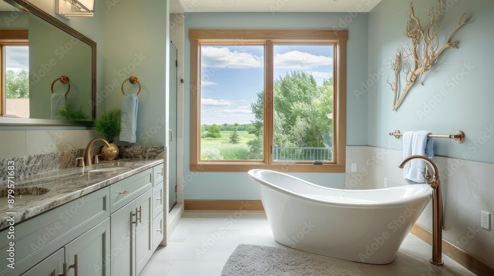 A serene bathroom with a large, picture window, a freestanding tub, and a vanity with a granite countertop A serene bathroom with a large, picture window, a freestanding tub, and a vanity with a granite countertop