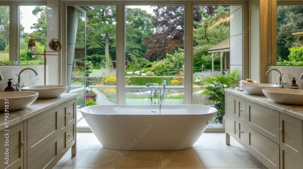 Fototapeta premium A serene bathroom with a large, picture window overlooking a private garden, a freestanding tub, and a double vanity