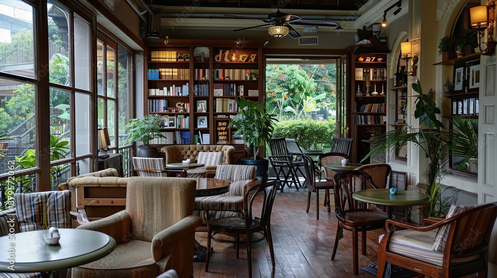 A relaxed cafe area with cozy seating and a good book, perfect for a quiet read