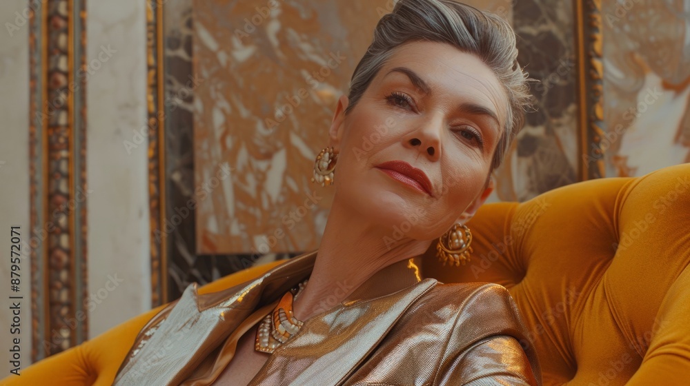 A woman with silver hair wears a gold jacket and sits on an orange velvet chair A woman with silver hair wears a gold jacket and sits on an orange velvet chair