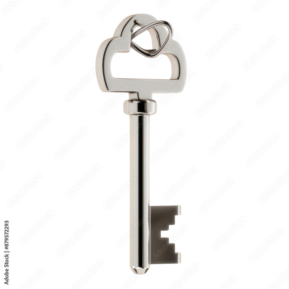 A shiny silver key with a heart-shaped bow on a white background. Perfect for concepts like love, security, or mystery. A shiny silver key with a heart-shaped bow on a white background. Perfect for concepts like love, security, or mystery.