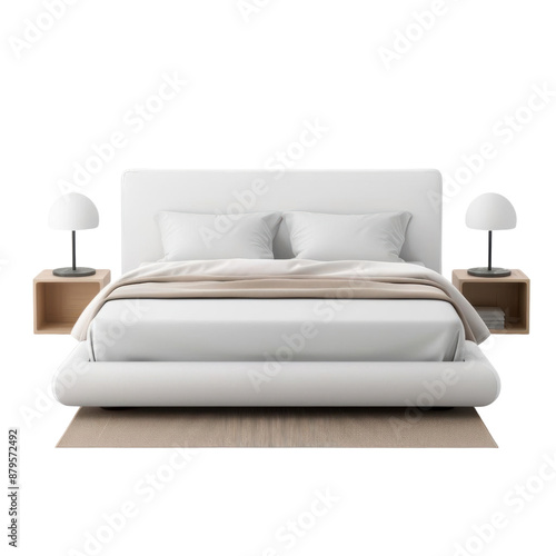 Modern minimalist bedroom interior design with white bed, bedside tables, and lamps on a light background, promoting a calm and serene atmosphere.