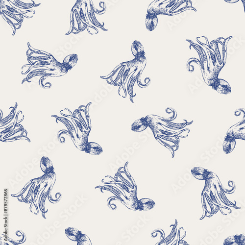 Vector sea animals seamless pattern. Octopus in blue on white.